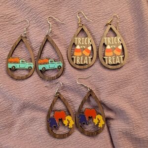 Lot Of 3 Wooden Pairs Of Fall/Halloween Theme Drop Dangle Earring BRAND NEW